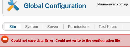 Could not save data.Could not write to the configuration file joomla